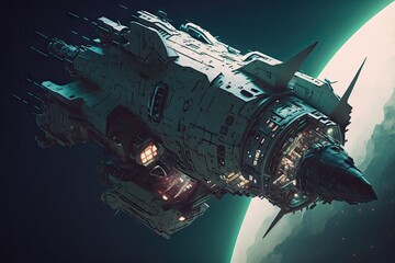 Wall Mural - cyber punk spaceship seen from above. glorious generative ai.
