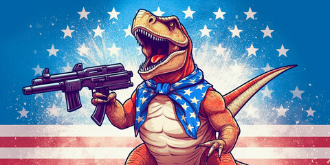 Wall Mural - Patriotic American dinosaur with gun. Generative AI