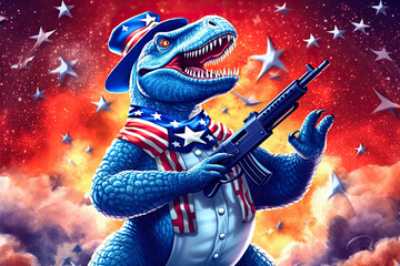 Wall Mural - Patriotic American dinosaur with gun. Generative AI