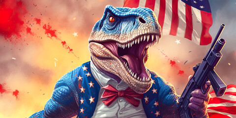 Sticker - Patriotic American dinosaur with gun. Generative AI