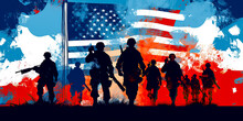 USA soldier silhouettes, flag, graphic design. Generative AI