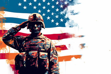Wall Mural - USA army soldier saluting, flag, copyspace. Generative AI