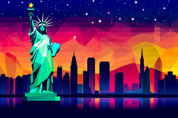 Wall Mural - New York City skyline, Statue of Liberty, night, graphic design, background. Generative AI