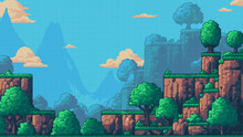 Pixel Art Game Level Background, 8 Bit, Landscape, Arcade Video Game, Mountains Trees And Platforms
