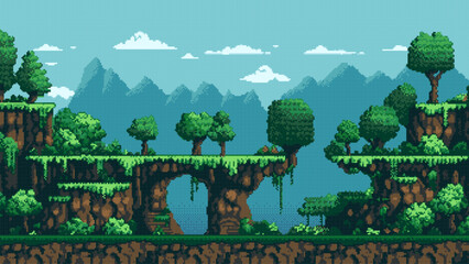 Wall Mural - pixel art game level background, 8 bit, landscape, arcade video game, mountains trees and platforms