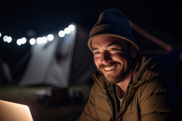 Smiling bearded Man traveller sitting near camp tent in midnight. Generative ai