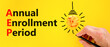 AEP symbol. Concept words AEP Annual enrollment period on beautiful yellow paper. Beautiful yellow table yellow background. Medical and AEP Annual enrollment period concept. Copy space.
