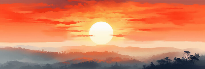 Wall Mural - Orange dawn sky, watercolor art style, seamless. AI generative