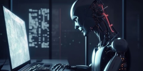 Wall Mural - artificial intelligence robot using computer software for gpt binary coding. distinct generative ai 