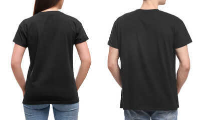 Wall Mural - People wearing black t-shirts on white background, back view. Mockup for design