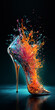 Glass stiletto high heel with dynamic neon colour liquid explosion, created using generative ai