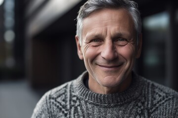 Wall Mural - Portrait of smiling mature man in grey sweater looking at camera outdoors