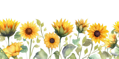 Wall Mural - Sunflower Watercolor Style Footer Border Seamless Tile Isolated on Transparent Background - Generative AI
