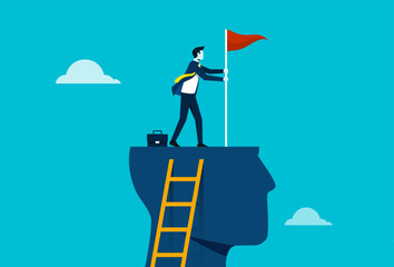 Growth and career development for success, mentor or inspiration to succeed in work or business, success mindset, businessman climbing on top of his mind placing red flag for business goal symbol