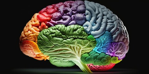 Wall Mural - Human brain made of variety of vegetables in concept of healthy food for health care. distinct generative AI image.