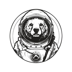 Wall Mural - astronaut bear, vintage logo line art concept black and white color, hand drawn illustration