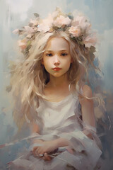 Wall Mural - Little girl with floral headpiece in a white dress sitting  Generative AI