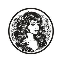 Wall Mural - beautiful fantasy woman, vintage logo line art concept black and white color, hand drawn illustration