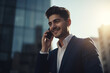 © Lee John - Businessman Smiling on Phone Call in the Busy City with Sun Rays With Generative AI Technology