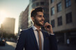 © Lee John - Businessman Smiling on Phone Call in the Busy City with Sun Rays With Generative AI Technology