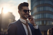 © Lee John - Businessman Smiling on Phone Call in the Busy City with Sun Rays With Generative AI Technology