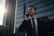 © Lee John - Businessman Smiling on Phone Call in the Busy City with Sun Rays With Generative AI Technology