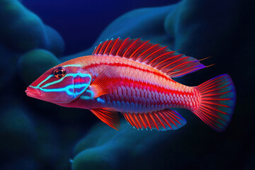 Wall Mural - Beautiful Colorful Carpenter's Flasher Wrasse Surreal Underwater Oasis - Generative AI