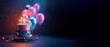 pink cyberpunk inspired birthday cake surounded by balloons and geometric shapes generative ai web banner ratio copy space
