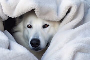 Wall Mural - Cute White Dog Hiding Underneath a Cozy Blanket Generative AI