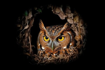 Sticker - majestic owl peeking out of a tree hole Generative AI