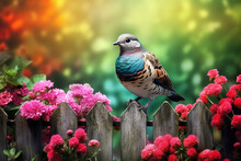 Little Bird Sitting On Fence In Flower Garden