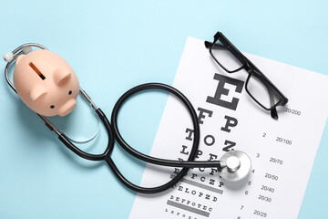 Wall Mural - Eyeglasses with stethoscope, piggy bank  and eye test chart on blue background. Vision examination and correction. Top view