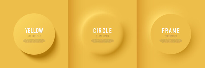 Wall Mural - Set of 3D round circles frame on yellow background with light and shadow. Abstract geometric pedestal podium for product display or copy space in top view, Minimal neumorphism design. Vector EPS10.