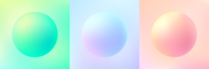 Wall Mural - set of abstract 3d liquid fluid circles in blue hologram color, pink and green background. creative 