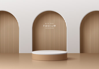 Wall Mural - 3D realistic brown and white cylinder pedestal podium with wood pattern in arch gate background. Abstract minimal scene mockup products, stage showcase, promotion display. Vector geometric platforms.