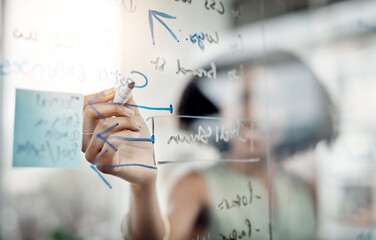 Canvas Print - Glass wall, hands and business woman writing, planning or strategy in office. Brainstorming, board and female person write ideas, working on project and schedule, analysis or information in workplace