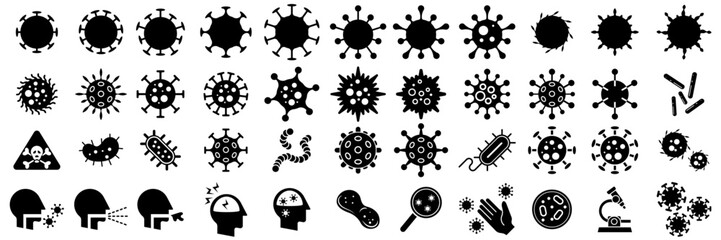 Silhouette set of vector illustrations of simple shapes of various virus icons and pictograms