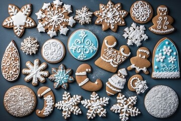 Poster - variety of freshly baked cookies arranged on a rustic wooden table Generative AI