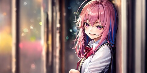 Wall Mural - Pretty girl with pink hair and a smile