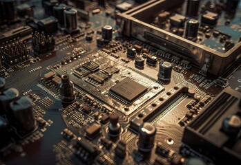 Close-up of old electronic circuit board. Technology and science background., Generative AI illustration