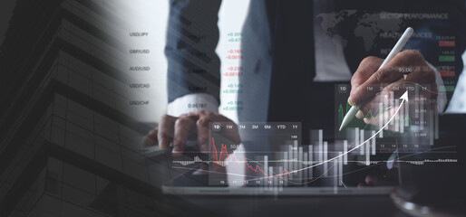 Wall Mural - Stock market analysis, Businessman, finance analyst using digital tablet analyzing sales data and economic growth graph chart, financial report, Business strategy and planning, digital marketing