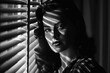 © alexkoral - black and white portrait of a woman in style of films in noir at window with light through blinds. Generative AI