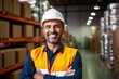 warehouse worker posing at work while smiling a the camera. Generative AI