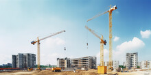 Construction Site And Yellow Crane On The Background Blue Sky, Panoramic  - Generative AI