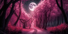 Fantasy Pink Forest With Tall Trees In Full Moon Night. Superlative Generative AI Image.