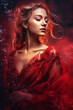 gorgeous beautiful woman in a red dress. Book cover of romantic novel with double exposure. Generative AI illustration