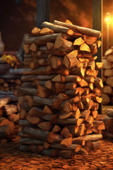 Poster - A stack of firewood, ready to be used for cozy autumn nights.  Generative AI technology..