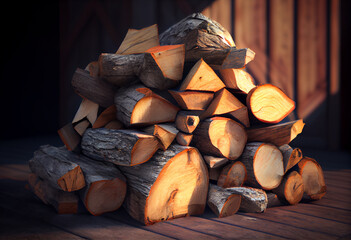 Poster -  A stack of firewood, ready to be used for cozy autumn nights.: Generative AI technology..