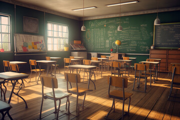 Poster - A classroom with desks, chairs, and a chalkboard.  Generative AI technology..