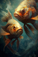 Wall Mural - Pisces: An image of two fish swimming in opposite directions, representing the imagination, sensitivity, and intuition of those born under this sign. Generative AI technology..